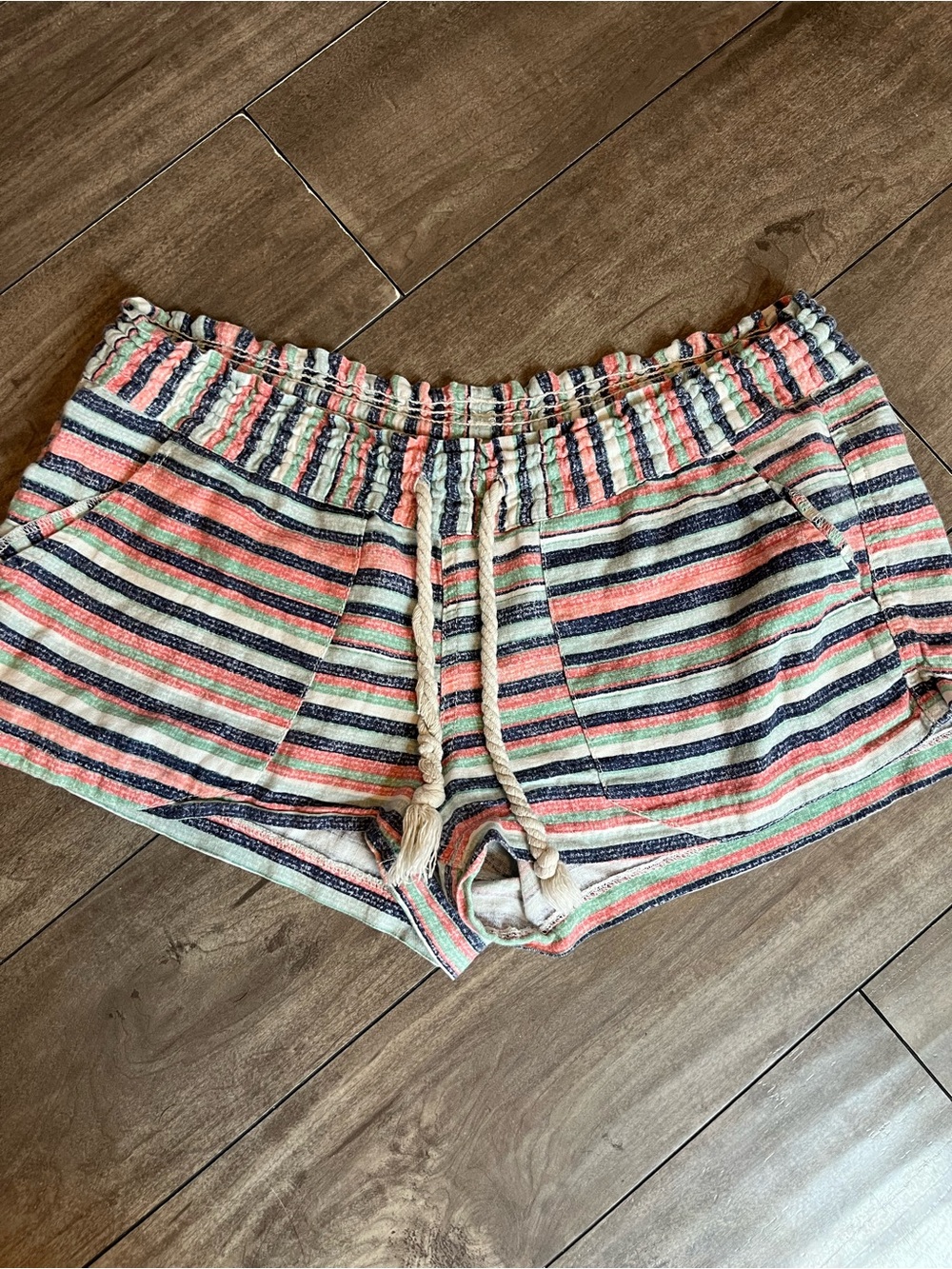 Roxy Multicolor Striped Knit Drawstring Shorts - Coral, Navy, Mint